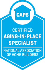 Blue hexagonal logo badge: CAPS CERTIFIED AGING-IN-PLACE SPECIALIST NATIONAL ASSOCIATION OF HOME BUILDERS.