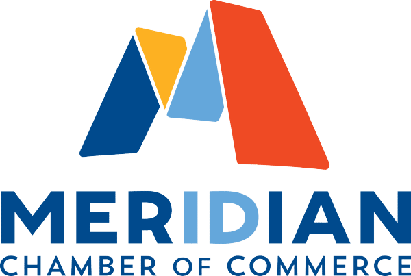 Meridian Chamber of Commerce logo with a colorful stylized 'M' in blue, yellow, and red above the name.