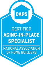Blue shield with "CAPS" house icon, "Certified Aging-In-Place Specialist" and "National Association of Home Builders" text.