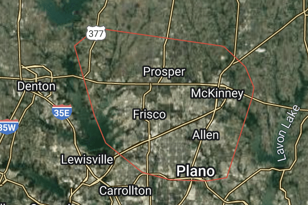 Satellite map with a red border enclosing the cities of Prosper, Frisco, McKinney, Allen, and Plano.