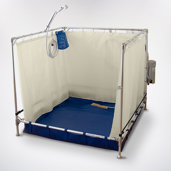 Portable shower stall with chrome frame, blue basin, cream curtains, handheld shower, and pump.