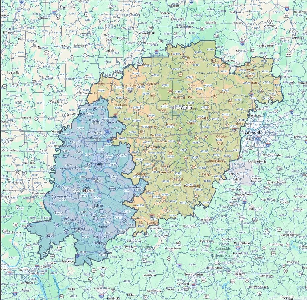 Coverage map for Next Day Access Southwest Indiana / Evansville