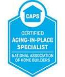 Blue octagonal shield logo with white house icon and text: "CAPS CERTIFIED AGING-IN-PLACE SPECIALIST NATIONAL ASSOCIATION OF HOME BUILDERS"