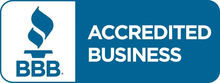 Blue and white Better Business Bureau logo with "BBB" and a torch, next to "ACCREDITED BUSINESS".