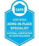 Blue hexagon badge with white text: "CAPS CERTIFIED AGING-IN-PLACE SPECIALIST NATIONAL ASSOCIATION OF HOME BUILDERS".