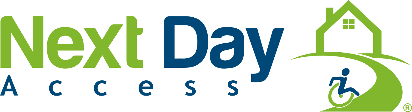 Logo for Next Day Access, featuring text next to a graphic of a ramp leading from a house to a person in a wheelchair.
