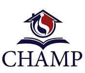 Dark blue "CHAMP" text under an open book and a white, blue, and red abstract house logo.
