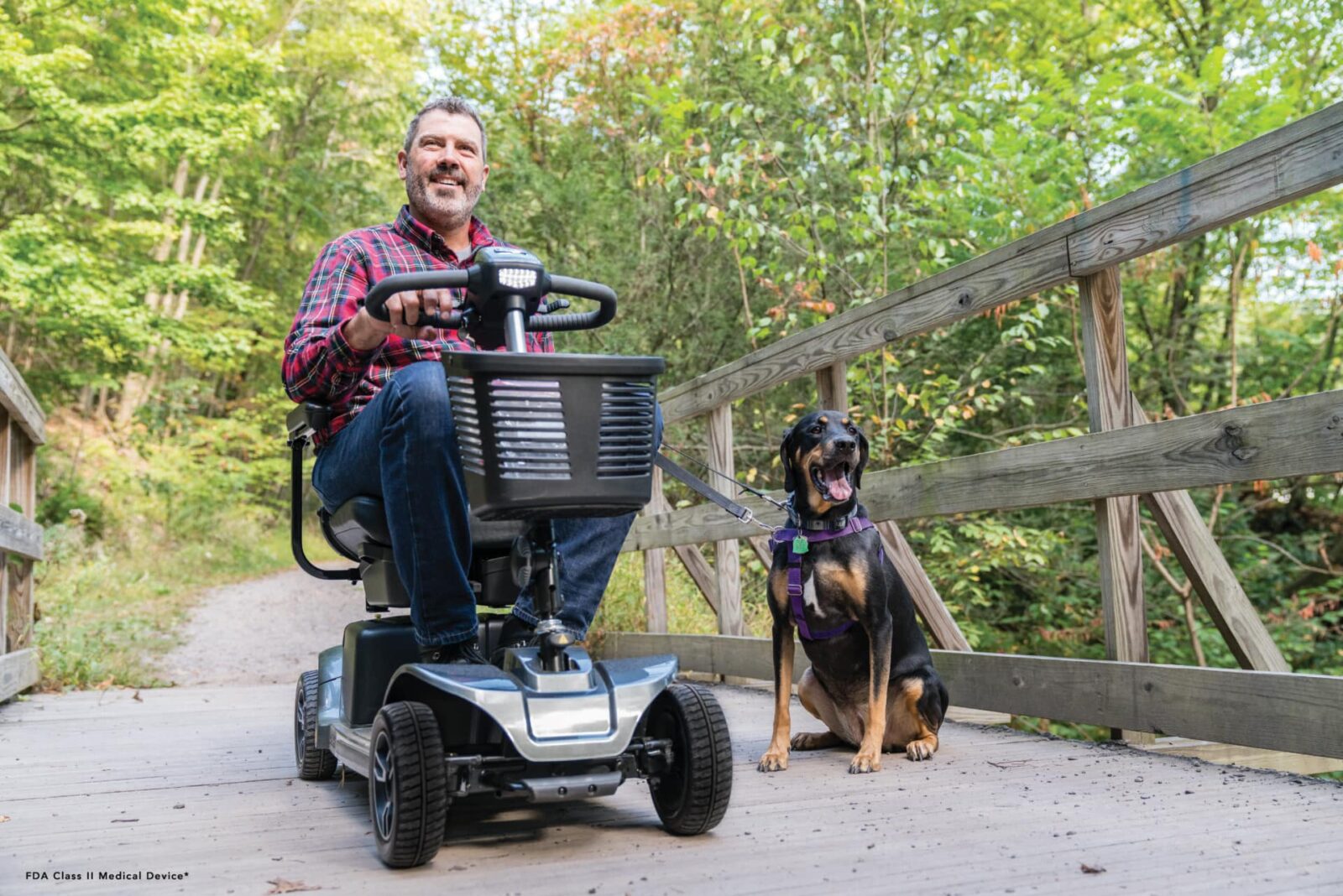 Man on an electric scooter crosses a bridge with his dog on a hike through the woods