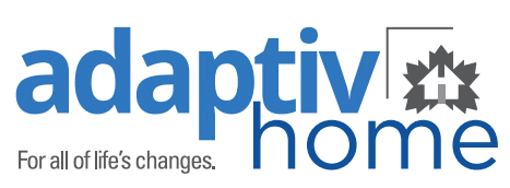 Logotype with blue "adaptiv" and outlined "home" next to a maple leaf house icon; motto "For all of life's changes."