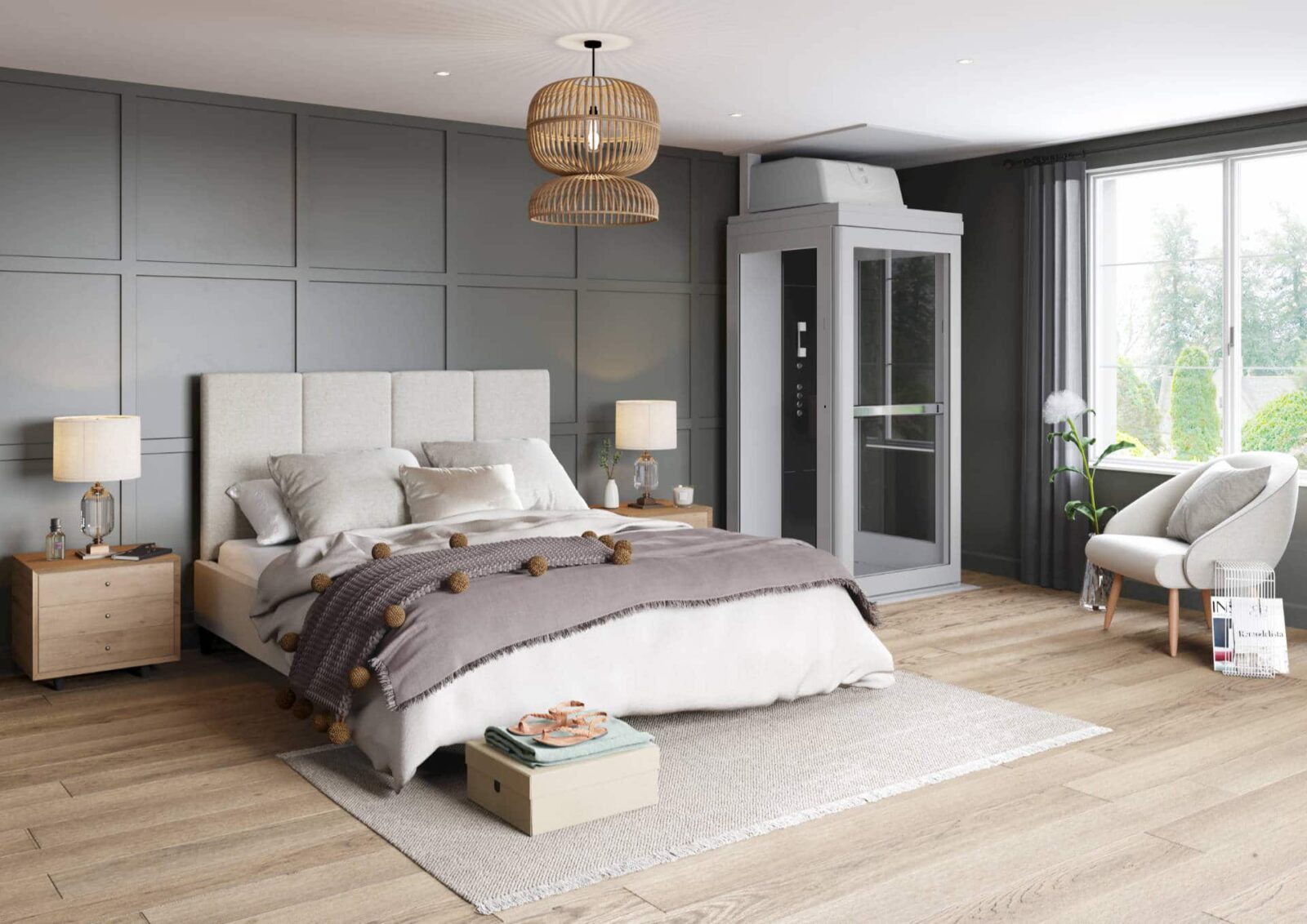 Modern gray home elevator cabin installed in the corner of a residential bedroom with paneling.