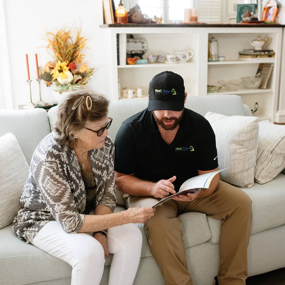 A man in uniform sits on the couch with a homeowner and discusses a project
