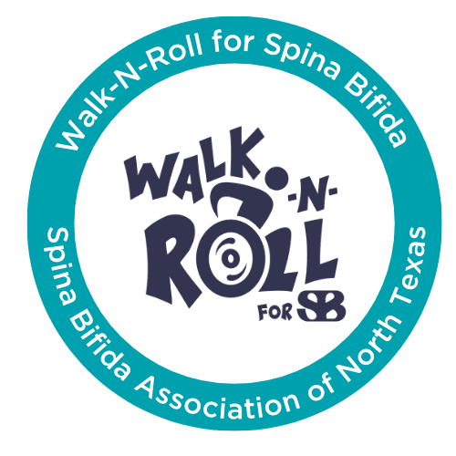Circular logo: "Walk-N-Roll for Spina Bifida Association of North Texas" around "Walk-N-Roll for SB.