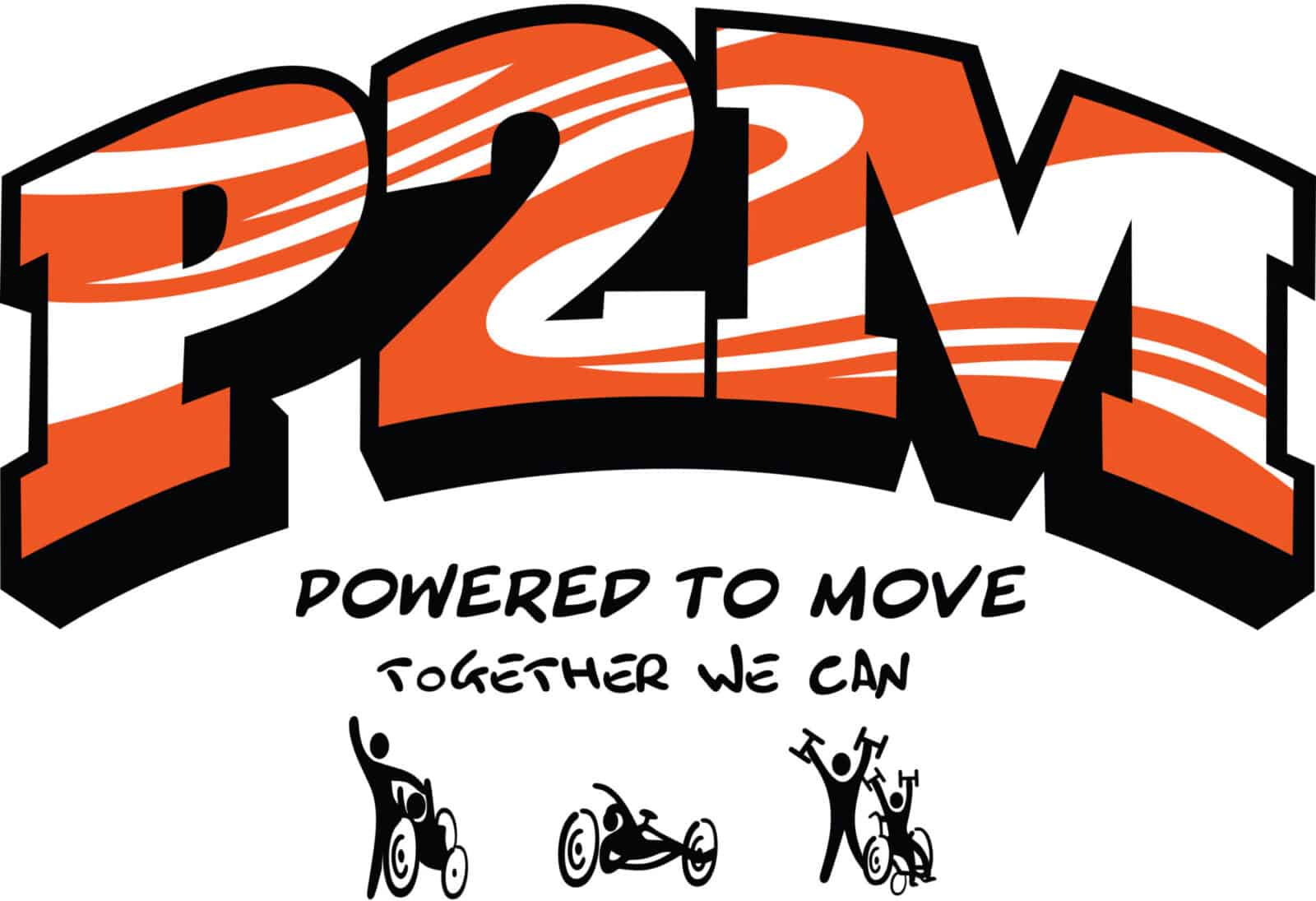 Large orange and black "P2M" logo above "POWERED TO MOVE TOGETHER WE CAN" and three disability icons.