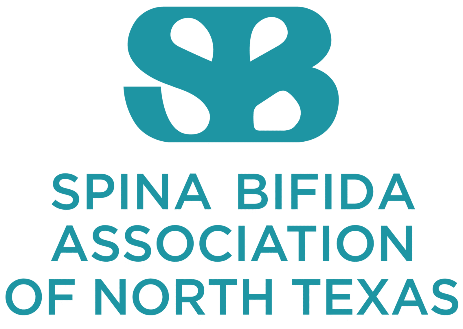 Teal "SB" logo above "Spina Bifida Association of North Texas" text on black background.