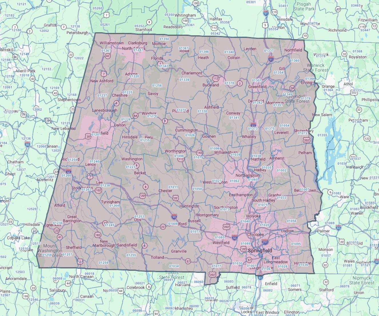 Coverage area for Springfield, Massachusetts
