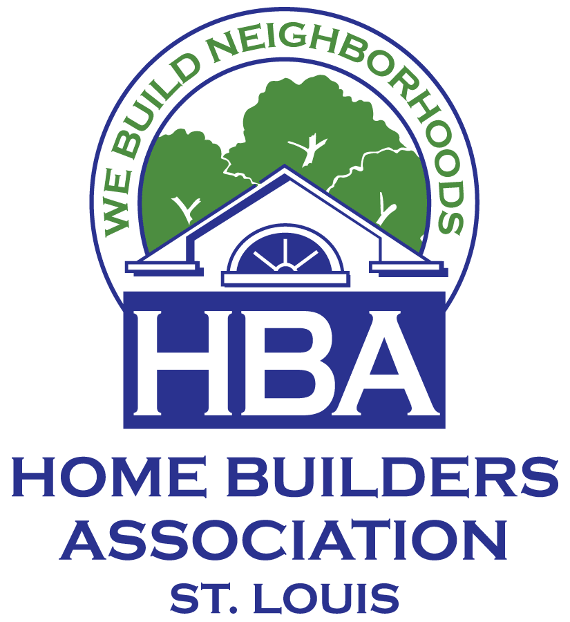 Home Builders Association St. Louis logo with an arched text motto, "WE BUILD NEIGHBORHOODS," above a stylized house and trees.