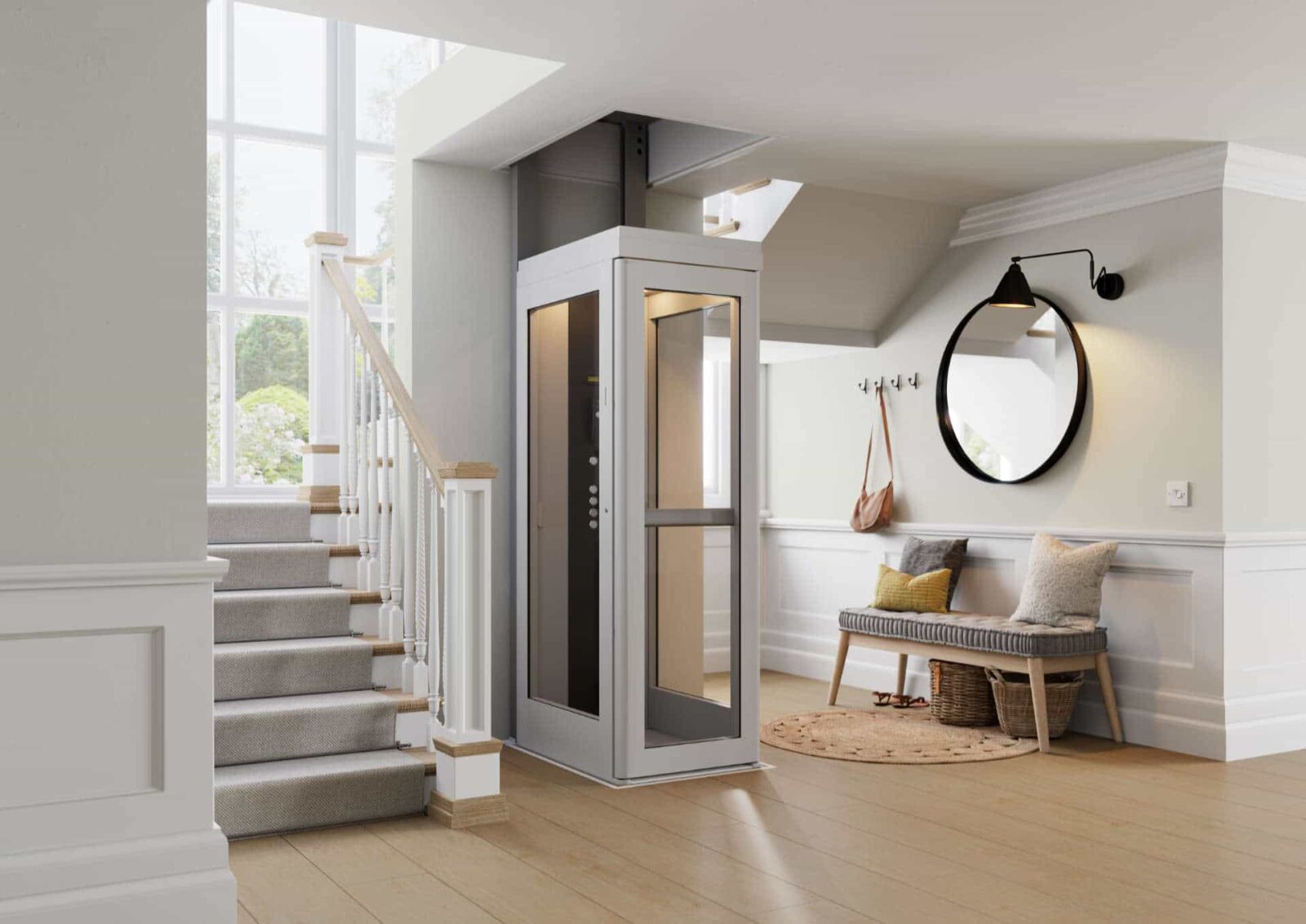 A single person elevator next to the staircase of a luxurious home
