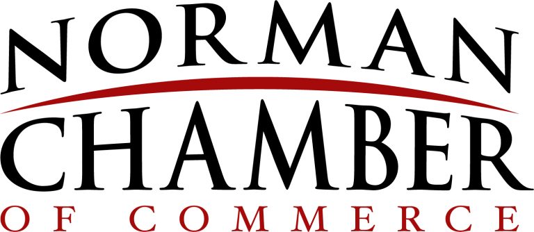 The logo for the Norman Chamber of Commerce, featuring a red curved line separating the words "NORMAN" and "CHAMBER".