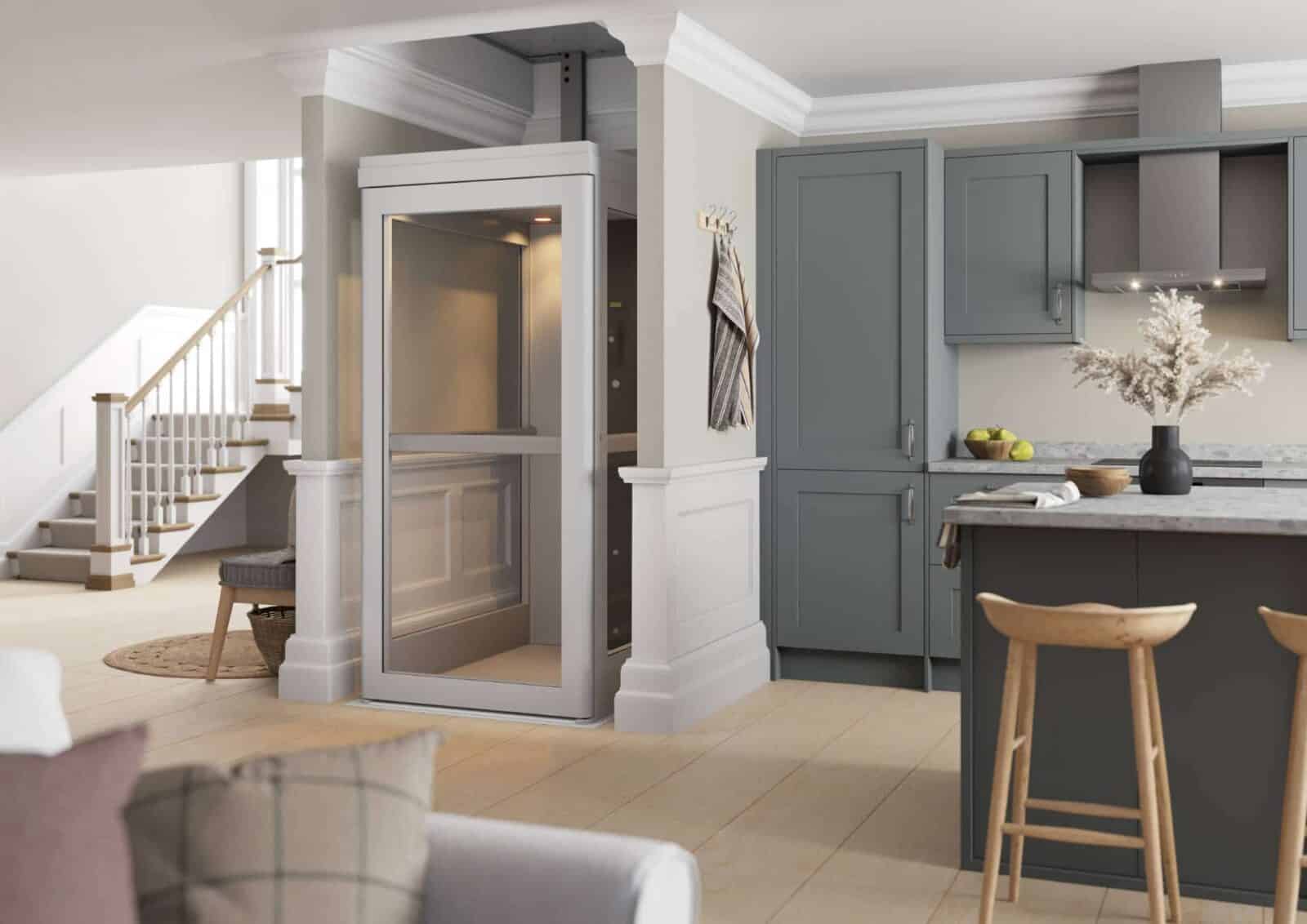 A white elevator installed in the kitchen of a nicely designed home