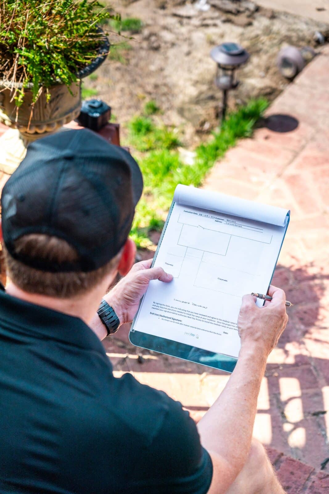 Three men in uniform stand outside next to a pond and discuss build plans