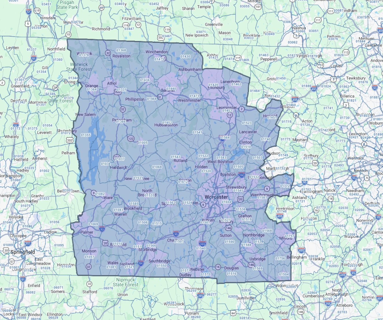 Coverage area for Worcester, Massachusetts
