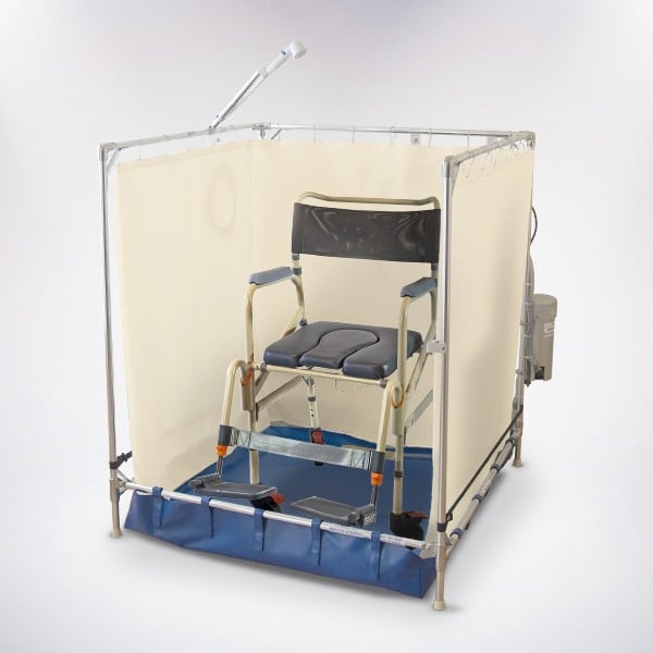 a portable shower with a seat in the middle