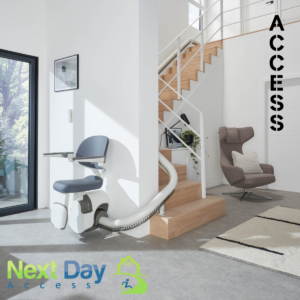 Access BDD black logo and Next Day Access blue and green logo superimposed over a photo of a gray Access BDD stairlift.