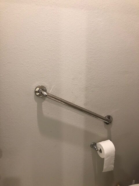 Inclined Silver Grab Bar Above Toilet Paper