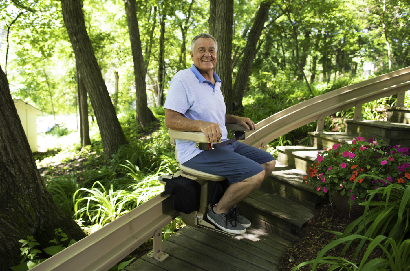 Man on Bruno outdoor curved stair lift