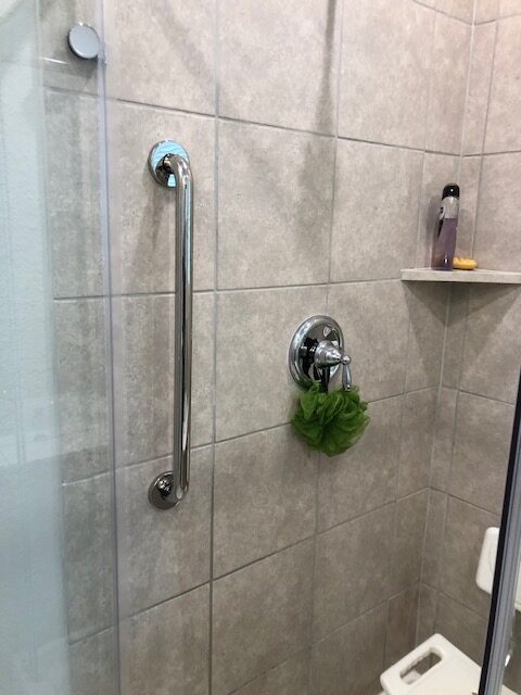 Silver Vertical GrabBar in Light Gray Bathroom