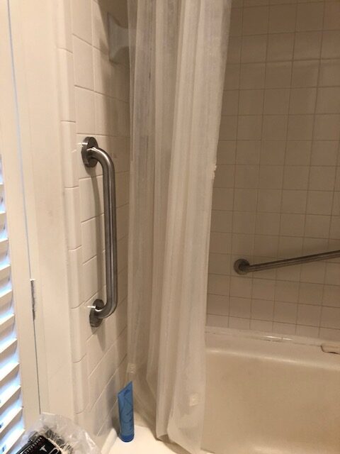 Vertical and Horizontal Grab Bars in Beige Bathroom