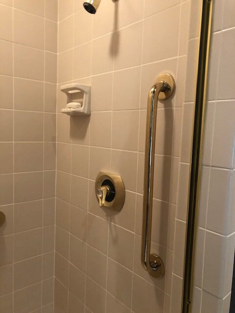 Vertically Oriented Gold Grab Bar in White Bathroom